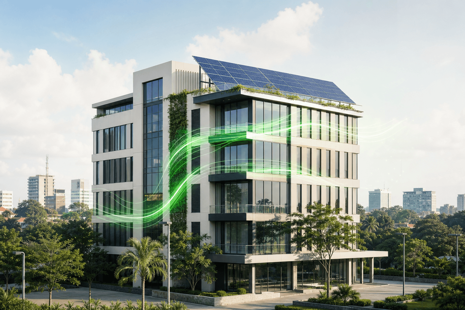 Modern Ugandan building with solar energy systems
